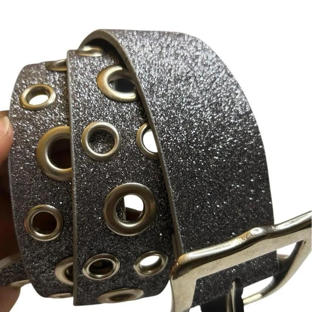 Y2K Silver Glitter Grommet Belt Scene Queen Glam Rock Wide Hip 90s Deadstock 44